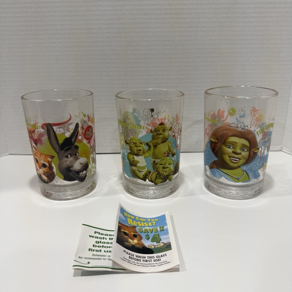 Shrek The Third McDonalds Set of 3 Collectible Glasses 2007 NEW Fiona Donkey